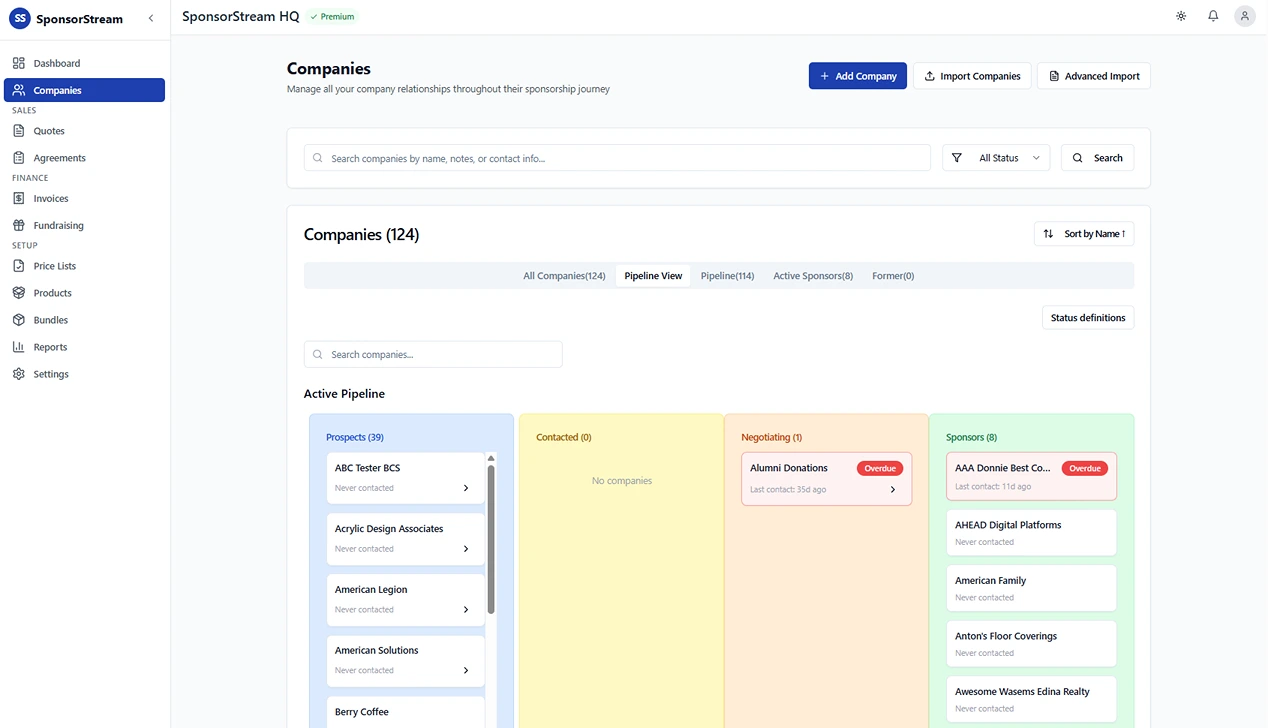 SponsorStream HQ Companies Dashboard