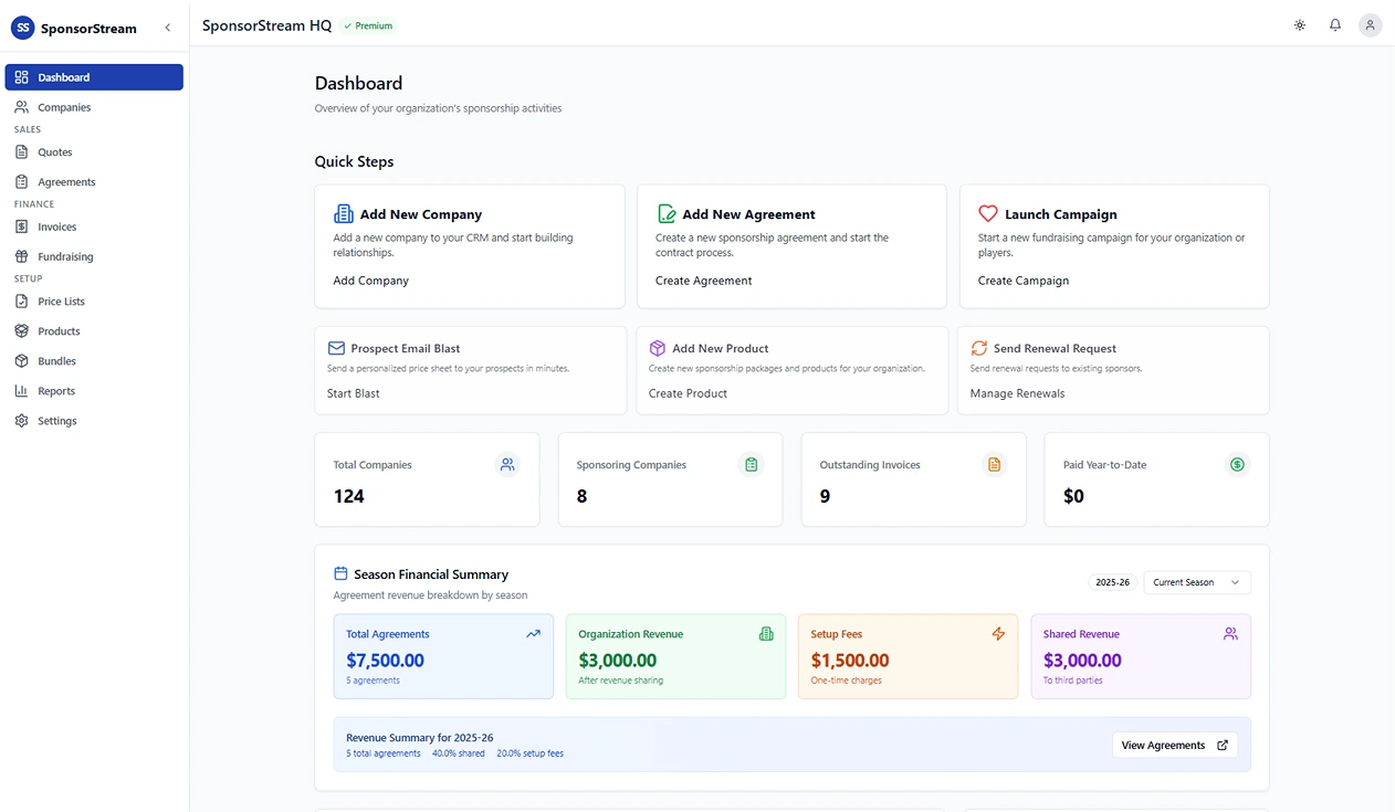 SponsorStream HQ Main Dashboard