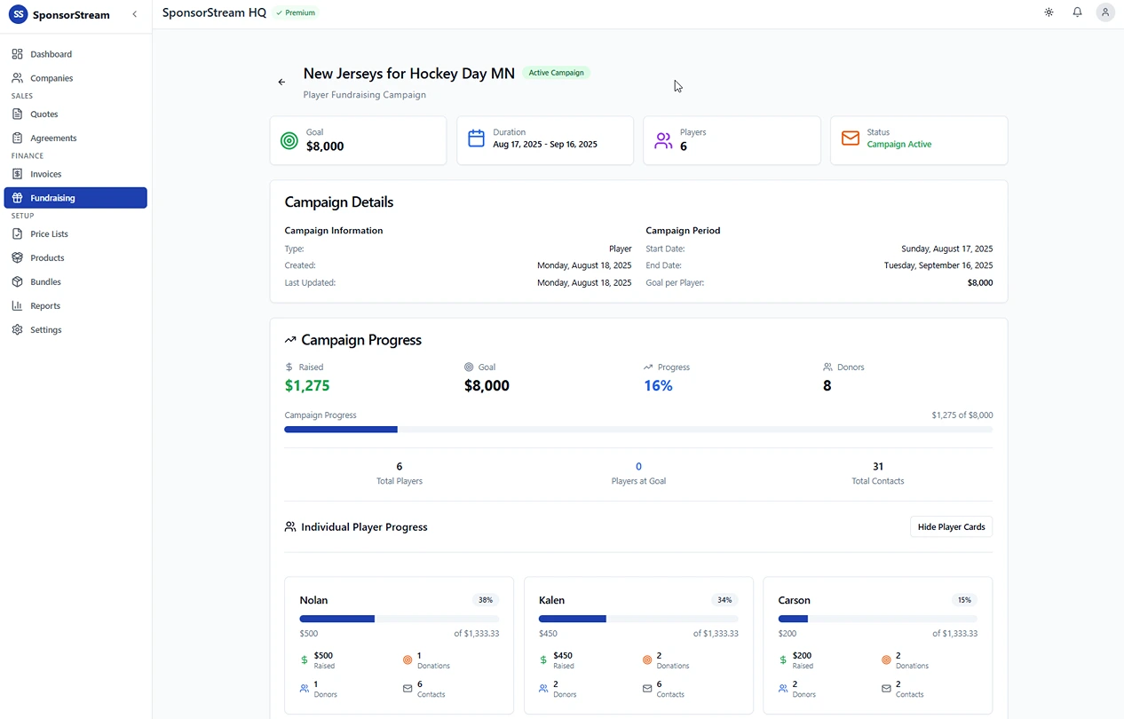 SponsorStream HQ Fundraiser Dashboard